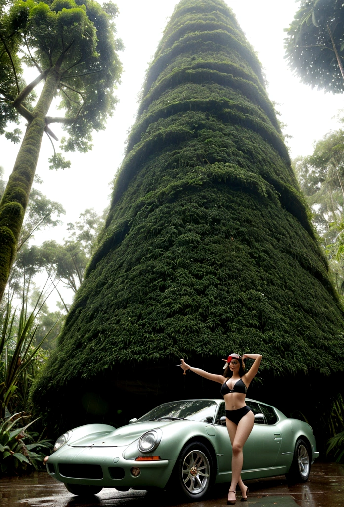 in the rain forest there a beutifull lady with big big ass her have elf ears and using modern sun glass and her make pose near tree with cool car
