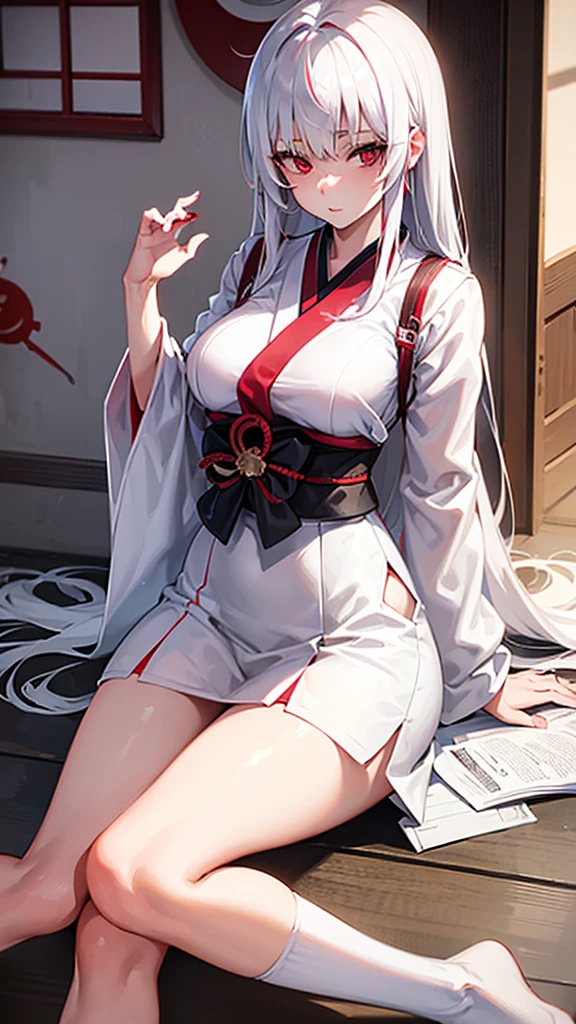 ((highest quality、High resolution、8K、masterpiece:1.3))、dynamic angle、I can see the whole body、wallpaper、1 girl、unparalleled beauty、ultimate beauty、super detailed face、delicate eyes、smile shyly、sexy look、Depth of bounds written、light particles、side light、ponytail、silver hair、shrine maiden、shrine maiden服、shrine maiden装束、white kimono、red hakama、nipples exposed、(Lifting the skirt with both hands)、((Her skirt is flipped up and her pussy is exposed.、She shyly lifts up her skirt and shows her pussy.))、(Love juice dripping from the pussy)、Open chest、big breasts、cleavage、thighs、slim、slender、Old castle at night