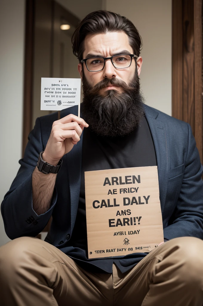 Serious man with a medium beard wearing glasses sitting holding a sign that says: Have you called Carla today??