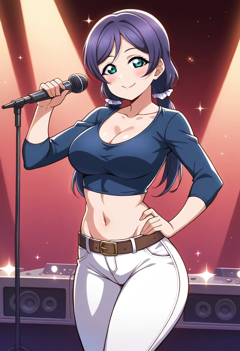 Masterpiece, best quality,Nozomi Tojo Love Live,volumetric lighting, illustration, beautiful, tight , Blushing,breasts, blush, smile, low twintails, large_breasts, shirt, long_sleeves, navel, holding, cleavage, closed_mouth, standing, collarbone, white_shirt, cowboy_shot, midriff, belt, pants, crop_top, hand_on_hip, sparkle, makeup, microphone, wide_hips, contrapposto, white_pants, music, holding_microphone, narrow_waist, cropped_shirt, crotch exposed, pubic area exposed 