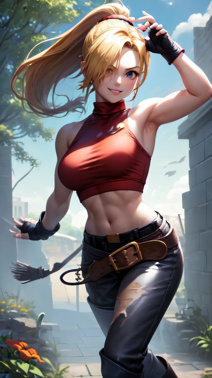 (best quality:1.2),solo,1girl,mdrin,smile,looking at viewer,lovely pose, ponytail,v-shaped eyebrows,red shirt, fingerless gloves,black shorts , garden background, warm color tones,soft lighting, Hair over one eye, ultra long hair, standing on hooftop, long boots, long ponytail, blonde