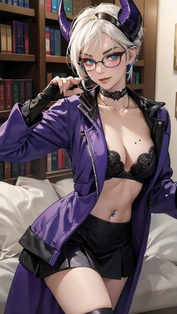 8k, masterpiece, best quality, highly detailed, 1 girl, tiefling, warlock, multicolored hair, very short straight hair green highlight hair on white hair, strippled hair, wearing glasses, round glasses, earrings, red eyeshadow, long eyelashes,navel piercing, blushed cheek, necklace, collarbone, high heels, mole, glamorous, purple and teal clothing, villainy, smirk, seductive face, fullbody view, rings, looking at viewer, standing, demon horns, solo, hand touching cheek, library, black lace gloves, holding book, miniskirt.