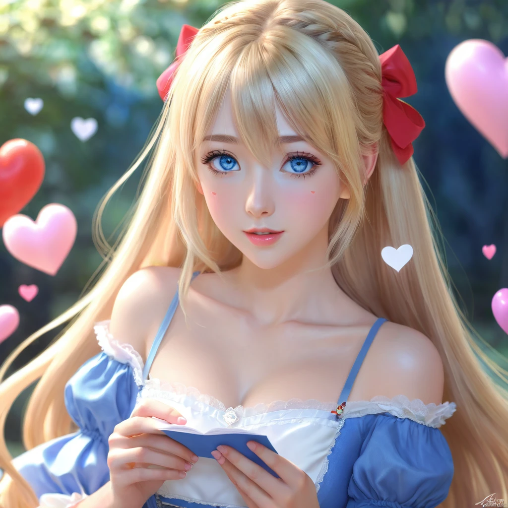 a very pretty girl in love ,Love Letter ,hearts ,blush ,Very detailed face ,pretty blue eyes ,long blonde hair,ultra realistic anime style, HDR, 12 k