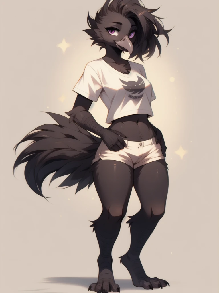 By fumiko, by hyattlen, an Anthropomorphic avian crow girl, female, small grey beak, tall and slender, small crow tail, black body, standing, white background, purple eyes, hands with five fingers, wearing white shirt, white short shorts, full body shot, 4 toes