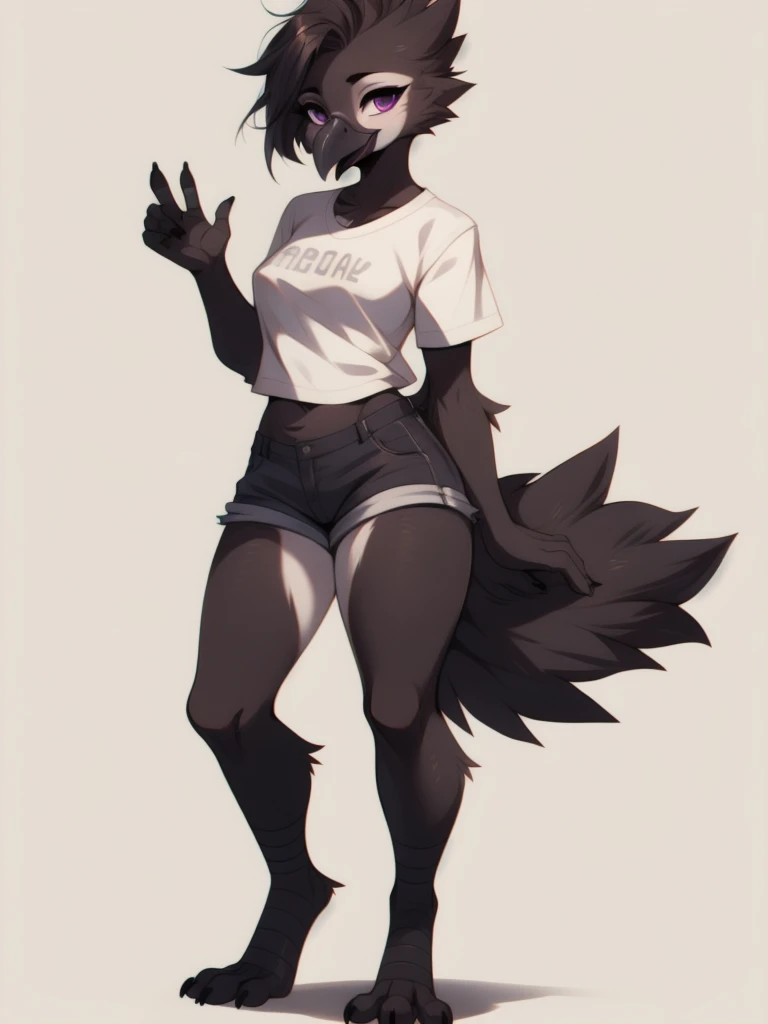 By fumiko, by hyattlen, an Anthropomorphic avian crow girl, female, small grey beak, tall and slender, small crow tail, black body, standing, white background, purple eyes, hands with five fingers, wearing white shirt, white short shorts, full body shot, 4 toes