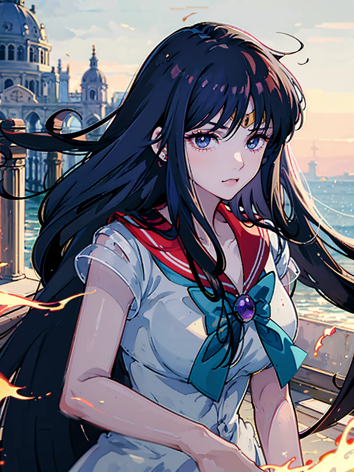 masterpiece, Highest quality, 8k Sailor Mars, Unhealthy face:1.9, Dark Eyes:1.5, Dark circles under the eyes, Long Hair, Long Bangs, Eyes through the bangs, Big eyes, Turquoise Eyes, Bust Shot, Yandere:1.5, Unhappy face, Lifeless face
