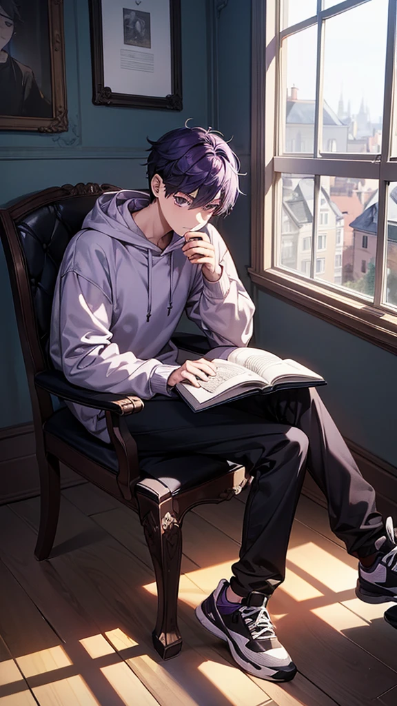 1boy, reading a book, holding a a cup of tea, wearing hoodie, sitting cross your leg, behind you there is a window, wear black sport shoes, purple hair, fullbody, look at you, facing forward, single chair, the window will have a crack as well to fit the damaged wall of the house,