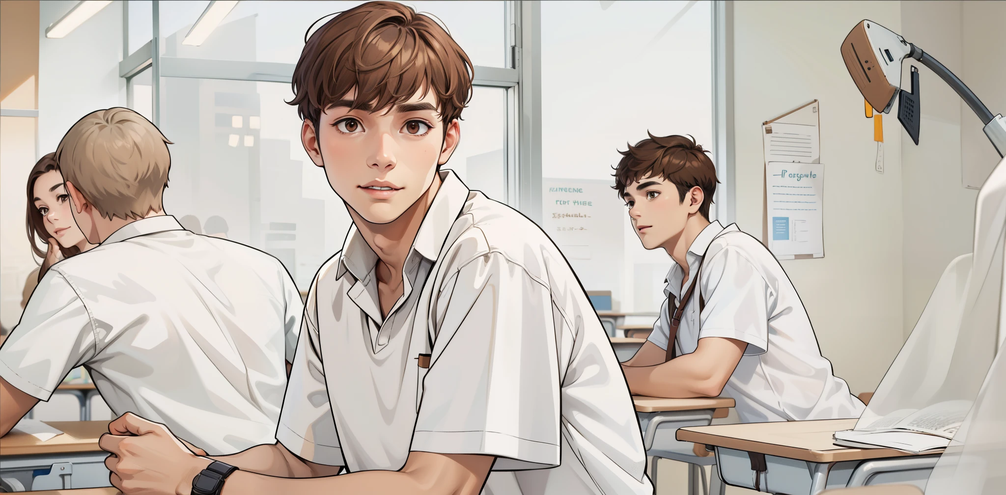 a group of students in the classroom all have brown hair. and brown eyes, his shirt is half brown and half white.