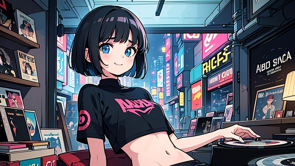 1 girl, solo, blue eyes, (detailed eyes), flat chest, short hair, black hair, upper body, gentle smile on her face, sitting up straight((masterpiece, illustration, best quality) A very detailed beautiful woman, Perfect face,Black Hair, bob cut,Bangs, Gray eyes, Top of crop, Short sleeve, crop top, Super detailed, Retro Wave, Cyberpunk, Sad atmosphere, night light through the window, night vibes, Room, 2d, (long shot), Old comics, (A lot of records:1.3), vinyl plastic record shop, (masterpiece, best quality, best quality, Official Art, beautiful and aesthetic: 1.2), Old anime texture, Solitary, Cyberpunk, vinyl plastic, night