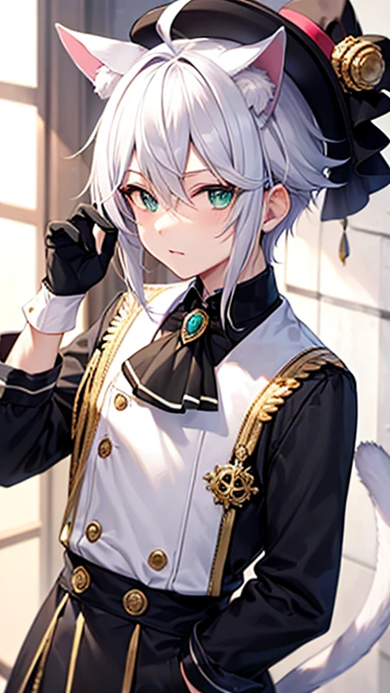cat boy, cat ear, cat tail, cat eyes, silk hat,
1boy, Emerald green eyes, Silver hair, white hair, streaked hair, gloves, top hat, white gloves, blue headwear, ahoge, black gloves, long sleeves, ascot, jewelry, brooch, black headwear, frills, white hair, streaked hair, gloves, hat, white gloves, blue headwear, ahoge, black gloves, long sleeves, ascot, jewelry, brooch, black headwear, frills, 1boy