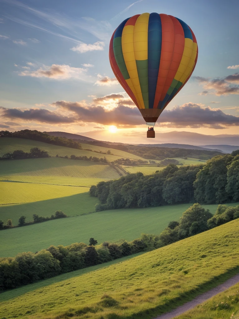 Original landscape,Sky and clouds,Tyndall effect,A country road,Colorful hot air balloon,High quality desktop wallpaper, Verdant forest, Detailed field properties, Beautiful English countryside, Stunning scenery, Rolling Hills, Landscape Wallpaper, Lush countryside, Green forests, Stunning scenery, Green fields in the background, High quality wallpaper, Beautiful wallpapers,Ultra high quality,Ultra HD,Ultra-high resolution