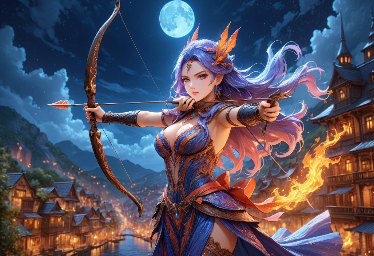 a picture of fire sorceress firing a flaming arrow from a magnificent epic bow, an (elite glamour beautiful: 1.2), fire sorceress, ultra detailed face,  perfect face, blue hair, long hair, wavy hair, wearing wild glamour dress, intricate dress, purple dress , with fire patterns on it, aiming an epic bow with a (diamond tip arrowhead: 1.3),  dynamic bow, sting drawn to the cheek , arrow ready to be shot, dynamic bow, sting drawn to the cheek , arrow ready to be shot, it is night, moon light, starry night, cloudy night,  high details, best quality, 16k, [ultra detailed], masterpiece, best quality, (extremely detailed), dynamic angle, full body shot, fantasy urban street at night bacground,  ,faize, firing and arrow, bow (weapon)