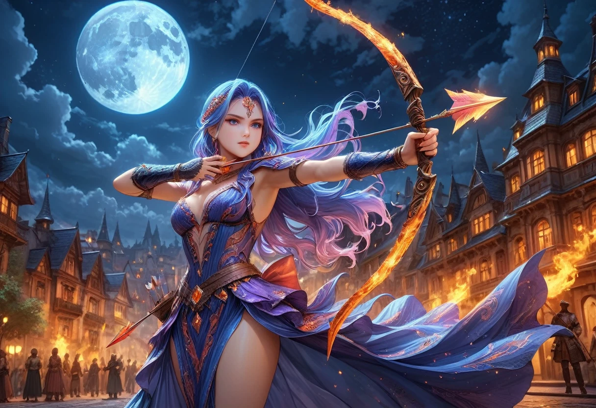 a picture of fire sorceress firing a flaming arrow from a magnificent epic bow, an (elite glamour beautiful: 1.2), fire sorceress, ultra detailed face,  perfect face, blue hair, long hair, wavy hair, wearing wild glamour dress, intricate dress, purple dress , with fire patterns on it, aiming an epic bow with a (diamond tip arrowhead: 1.3),  dynamic bow, sting drawn to the cheek , arrow ready to be shot, dynamic bow, sting drawn to the cheek , arrow ready to be shot, it is night, moon light, starry night, cloudy night,  high details, best quality, 16k, [ultra detailed], masterpiece, best quality, (extremely detailed), dynamic angle, full body shot, fantasy urban street at night bacground,  ,faize, firing and arrow, bow (weapon)