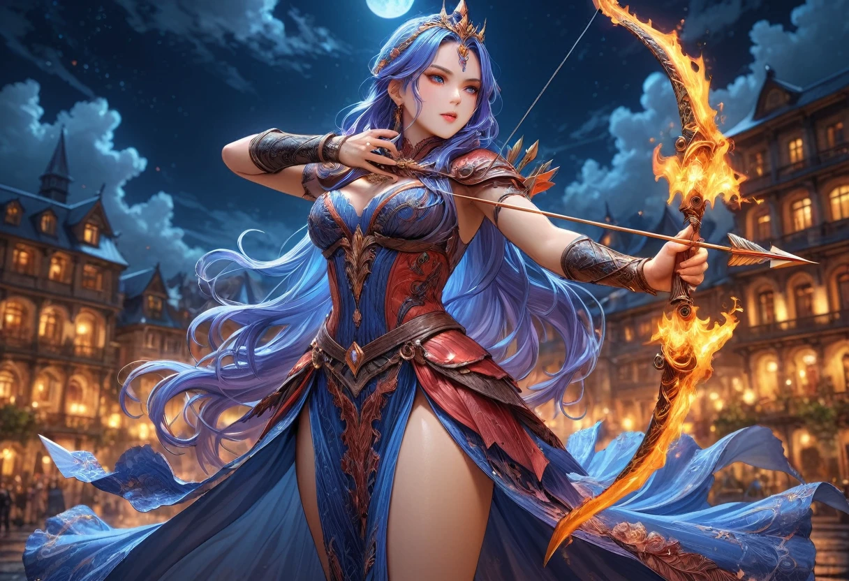 a picture of fire sorceress firing a flaming arrow from a magnificent epic bow, an (elite glamour beautiful: 1.2), fire sorceress, ultra detailed face,  perfect face, blue hair, long hair, wavy hair, wearing wild glamour dress, intricate dress, purple dress , with fire patterns on it, aiming an epic bow with a (diamond tip arrowhead: 1.3),  dynamic bow, sting drawn to the cheek , arrow ready to be shot, dynamic bow, sting drawn to the cheek , arrow ready to be shot, it is night, moon light, starry night, cloudy night,  high details, best quality, 16k, [ultra detailed], masterpiece, best quality, (extremely detailed), dynamic angle, full body shot, fantasy urban street at night bacground,  ,faize, firing and arrow, bow (weapon)