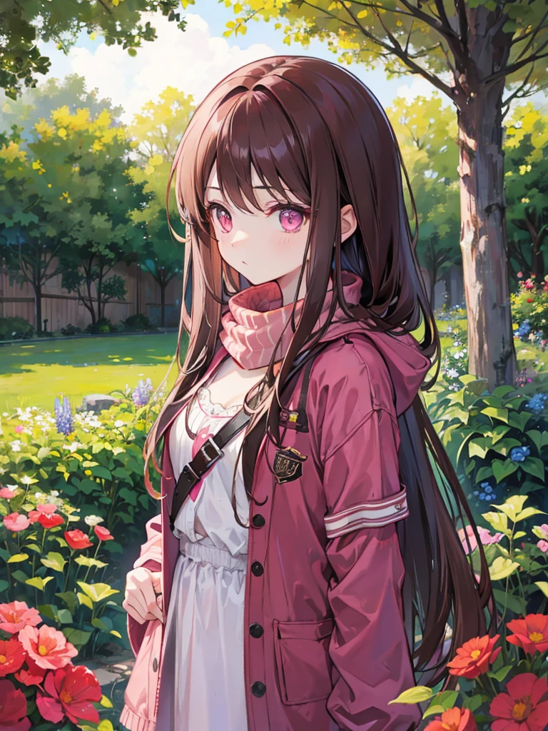 , pink eyes, long curry brown hair. wear jacket, background in garden. she so shy.