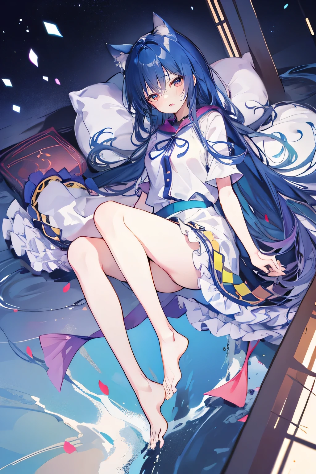 (masterpiece:1.2),Super detailed,lifelike,Expressive eyes,fair skin,perfect face shape,1 girl,
Japanese comics,Gorgeous blue hair,flowing blue hair,flowing clothes,Cat ears,Petals fall,beautiful lola,Baby Angel,
Shaking head with one hand,Cross your legs,Gentle and peaceful background,The pavilion is cool and comfortable,smile, wearing hoodie, background of tokyo,back views,snowing, winter,lie on the water,Lying on the ground。Dark blue gradient hair,asymmetrical hair,((Hair is very thick 1.8,Chiseled hair 1.6)), Hair over the shoulders, Messy hair, Very long hair, shiny hair,(long dark blue hair:1.2),A beautiful girl,(Transparent clothes transparent 1.8),Perfect body,Big thin legs,slender,(Looks very sad,Looks haggard ,sadness,shut your mouth:1.2) Against the backdrop of an unusually bright dark starry sky,(Put your hands behind your back),(round,Room, Strong breasts),barefoot,float,water surface,(long legs,long legs,long legs,Complete)