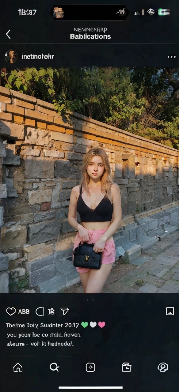 Create me a girl with blonde highlights who is on vacation she will stand in front of a stone wall with the sun illuminating her she will have pink shorts a black bra top with a black handbag