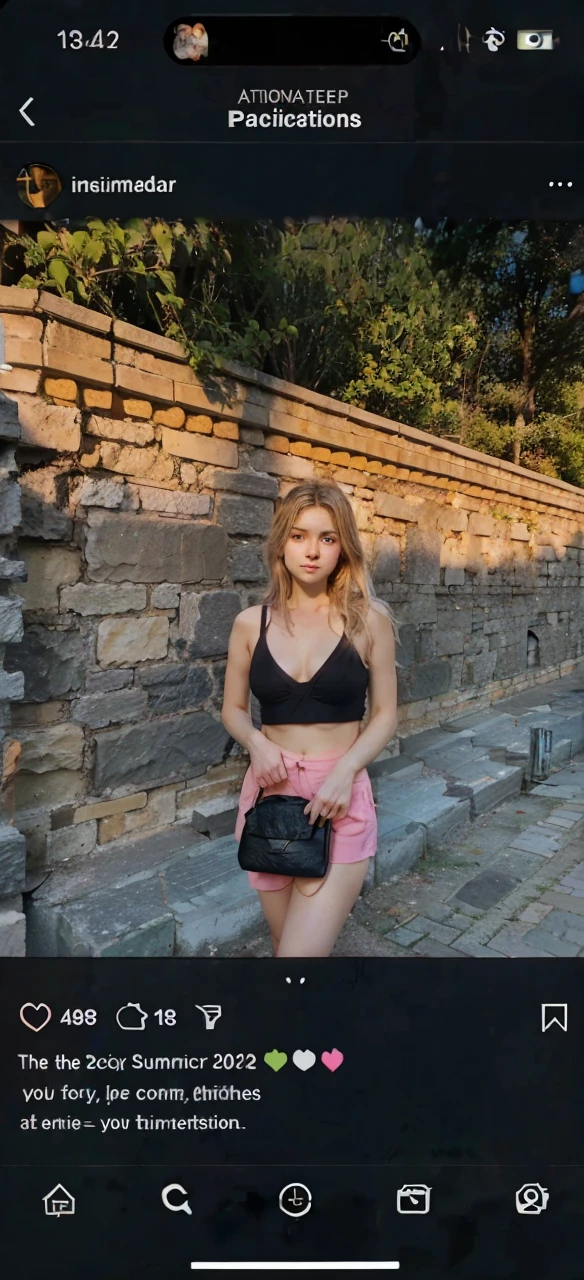 Create me a girl with blonde highlights who is on vacation she will stand in front of a stone wall with the sun illuminating her she will have pink shorts a black bra top with a black handbag