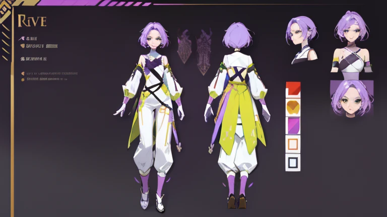 (Masterpiece, best quality), detailed, 1 woman, ((character concept art)), ((character design sheet, same character, front, side, back)), full body, body complete, 1 female, 1 women. Detailed face, character design sheet full body, Highly detailed, character sheet, character design, Many parts, pale skin, green eyes, short purple hair, lavender flower reference, lavender flower character reference, lavender flower inspired, male clothes, flat chest, Solarpunk, Solarpunk reference, Solarpunk based outfit, pants.