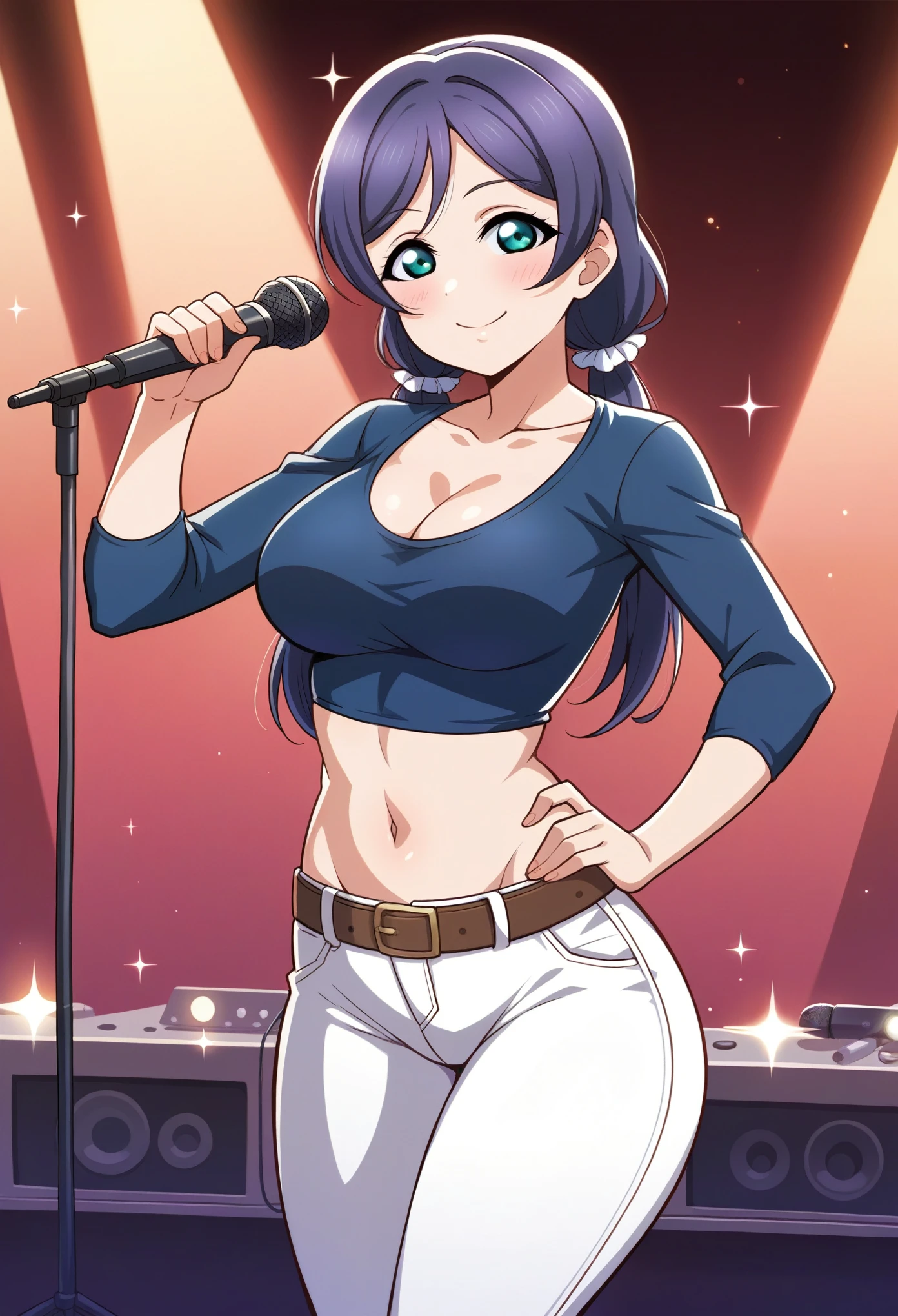 Masterpiece, best quality,Nozomi Tojo Love Live,volumetric lighting, illustration, beautiful, tight , Blushing,breasts, blush, smile, low twintails, large_breasts, shirt, long_sleeves, navel, holding, cleavage, closed_mouth, standing, collarbone, white_shirt, cowboy_shot, midriff, belt, pants, crop_top, hand_on_hip, sparkle, makeup, microphone, wide_hips, contrapposto, white_pants, music, holding_microphone, narrow_waist, cropped_shirt, crotch exposed, pubic area exposed 