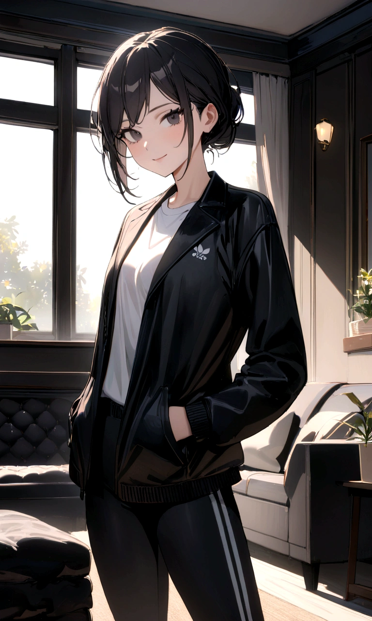 1 girl, tomboy, slim, beautiful, tall, attractive, ((short black hair))((black hair)), ((black eyes)), ((Girl wears: ((white shirt)), ((black jacket)), ((black gym short)))), ((living room)), looking at viewer, smiling warmly, hands in pocket, 8k, masterpiece, ray tracing