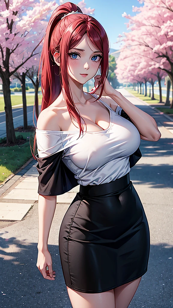 best quality, highres,uzumaki_kushina,Slender、small face、blue eyes、tall、In town、long hair、ponytail,(white short sleeve t-shirt:1.4 BREAK)、(black skirt:1.2)、(beautiful woman:1.5)、25 years old、Mature、midriff peek,(off-the-shoulder:1.3)、(I can see the cleavage:1.3),face on front , standing,cherry trees,full body shot,huge breast, cleavage,navel,bellybutton,ass,butt hole, transparent 