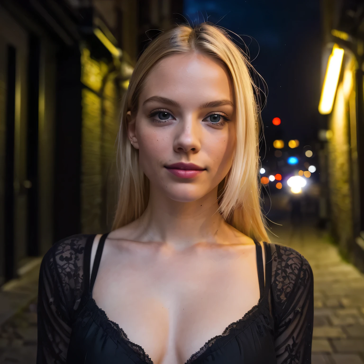 (Selfie, Plan: 1.4), (Straight Half of Body: 1.4), RAW UHD Portrait Photo of a 24-year-old blonde (Violet-eyed Woman) Walking down a dark alley, big boobs,, City at night, (rock ), (Neckline), Details (Fabric! , Hair! , Shine, Color!! , Disadvantages: 1.1), Bright eyes with high detail (Looking at the camera), SLR Lighting, Single lens reflex camera, Ultra Quality , Sharpness, Depth of Field, Filmkorn (Medium), Fujifilm XT3, Crystal Clear, Rahmenmitte, Beautiful Face, Sharp Focus, Street Light, Neonbeleuchtung, Bokeh (Low Light), Night, (Night Sky), Detailed Skin Pores, Oily Skin , Burn, Complex eyesDetails, Full body, Big 