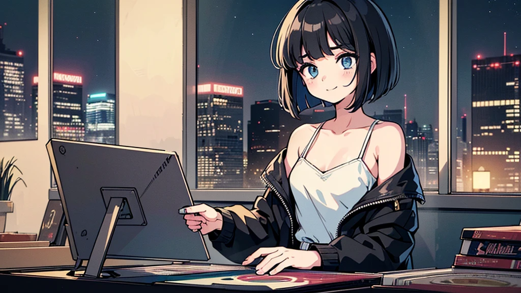 1 girl, solo, blue eyes, (detailed eyes), flat chest, short hair, black hair, upper body, gentle smile on her face, sitting up straight((masterpiece, illustration, best quality) A very detailed beautiful woman, Perfect face,Black Hair, bob cut,Bangs, Gray eyes, T Super detailed, Retro Wave, Cyberpunk, Sad atmosphere, night light through the window, night vibes, Room, 2d, (long shot), Old comics, (A lot of records:1.3), vinyl plastic record shop, (masterpiece, best quality, best quality, Official Art, beautiful and aesthetic: 1.2), Old anime texture, Solitary, Cyberpunk, vinyl plastic, night