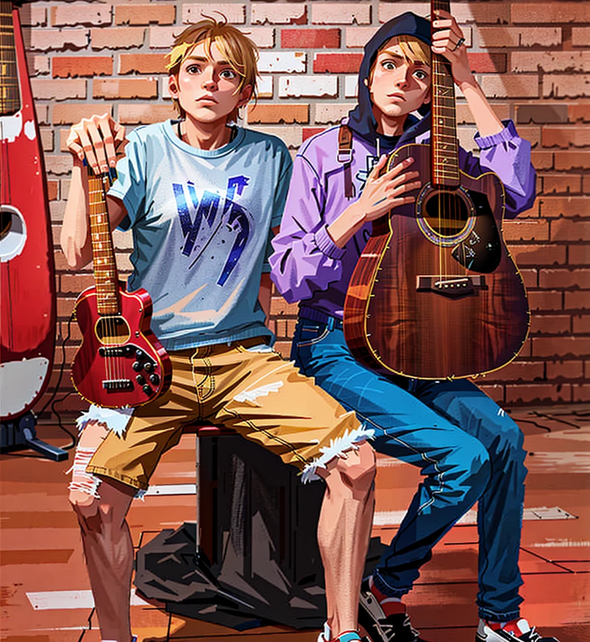 blond man, IN MODERN CLOTHES HOLDING A GUITAR AND A BRUNETTE WOMAN ALSO HOLDING A GUITAR.
