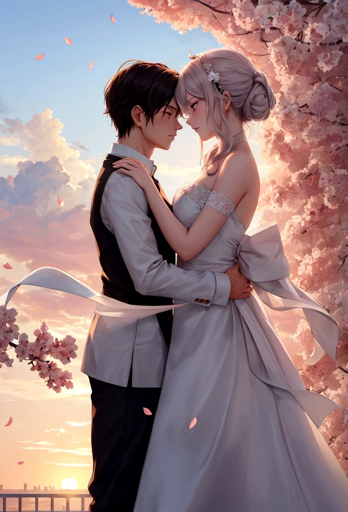 Scene: A couple standing on a hilltop, overlooking a cityscape bathed in the warm hues of a setting sun.
Characters:
* The woman: Long, flowing hair, gentle expression, holding the man's hand tightly.
* The man: Short, cropped hair, determined gaze, looking down at the woman with love.
Details:
* The couple's silhouettes are intertwined, creating a sense of unity and unwavering connection.
* The fading sunlight casts a soft glow on their faces, accentuating their delicate features.
* Cherry blossom petals drift gently around them, symbolizing the ephemeral nature of life and love.
* In the distance, the city skyline blends seamlessly with the vibrant colors of the sunset, representing the vastness of time and the inevitability of change.