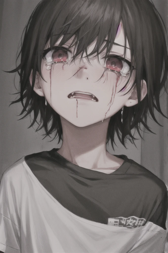 1boy, crying blood, dark room, scared face, face in the spotlight, short black t-shirt, hair parted in the middle, scratches on cheek and lip.