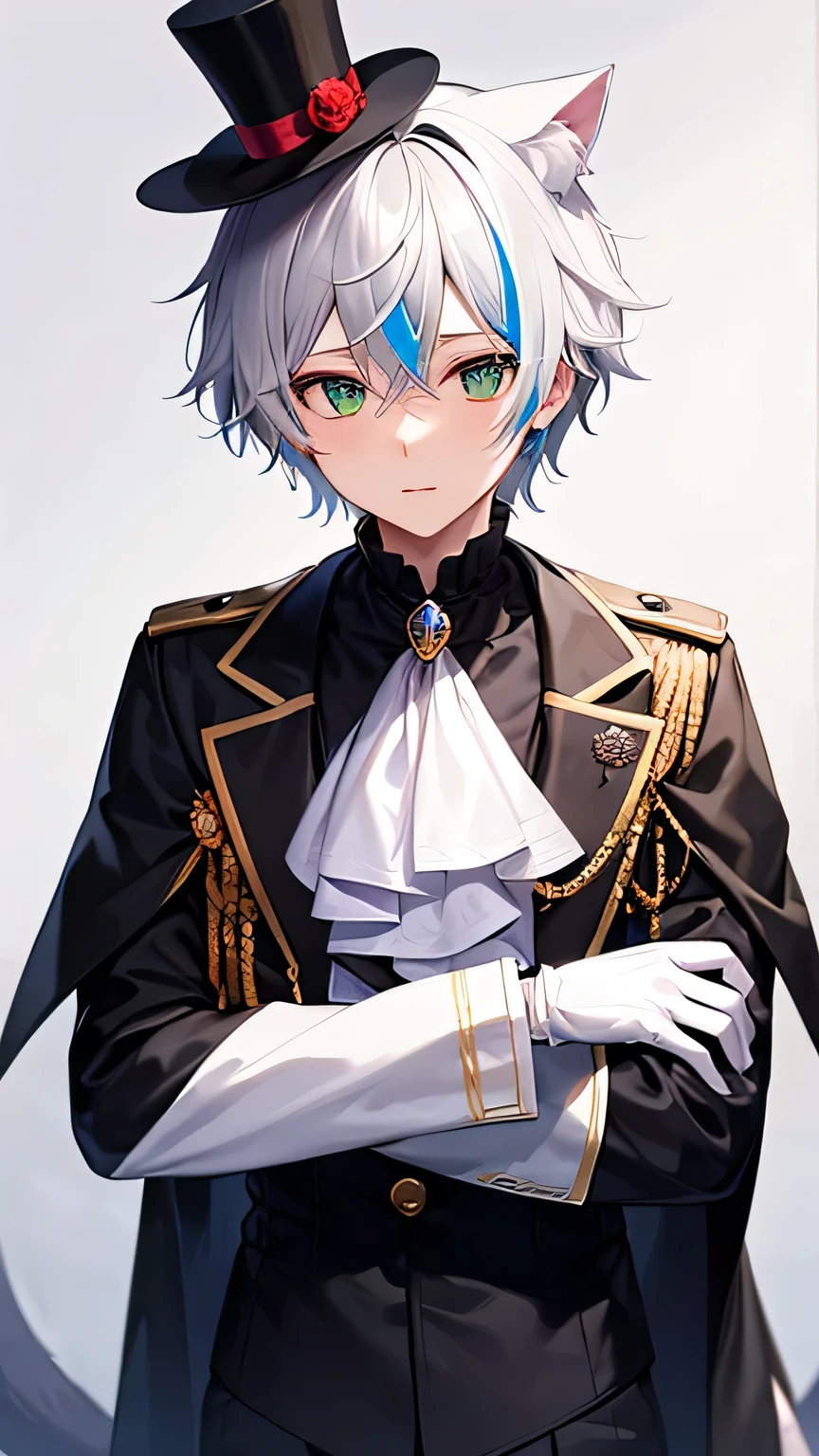 cat boy, cat ear, cat tail, cat eyes, silk hat, 
1boy, Emerald green eyes, Silver hair, white hair, streaked hair, gloves, top hat, white gloves, blue headwear, ahoge, black gloves, long sleeves, ascot, jewelry, brooch, black headwear, frills, white hair, streaked hair, gloves, hat, white gloves, blue headwear, ahoge, black gloves, long sleeves, ascot, jewelry, brooch, black headwear, frills, 1boy