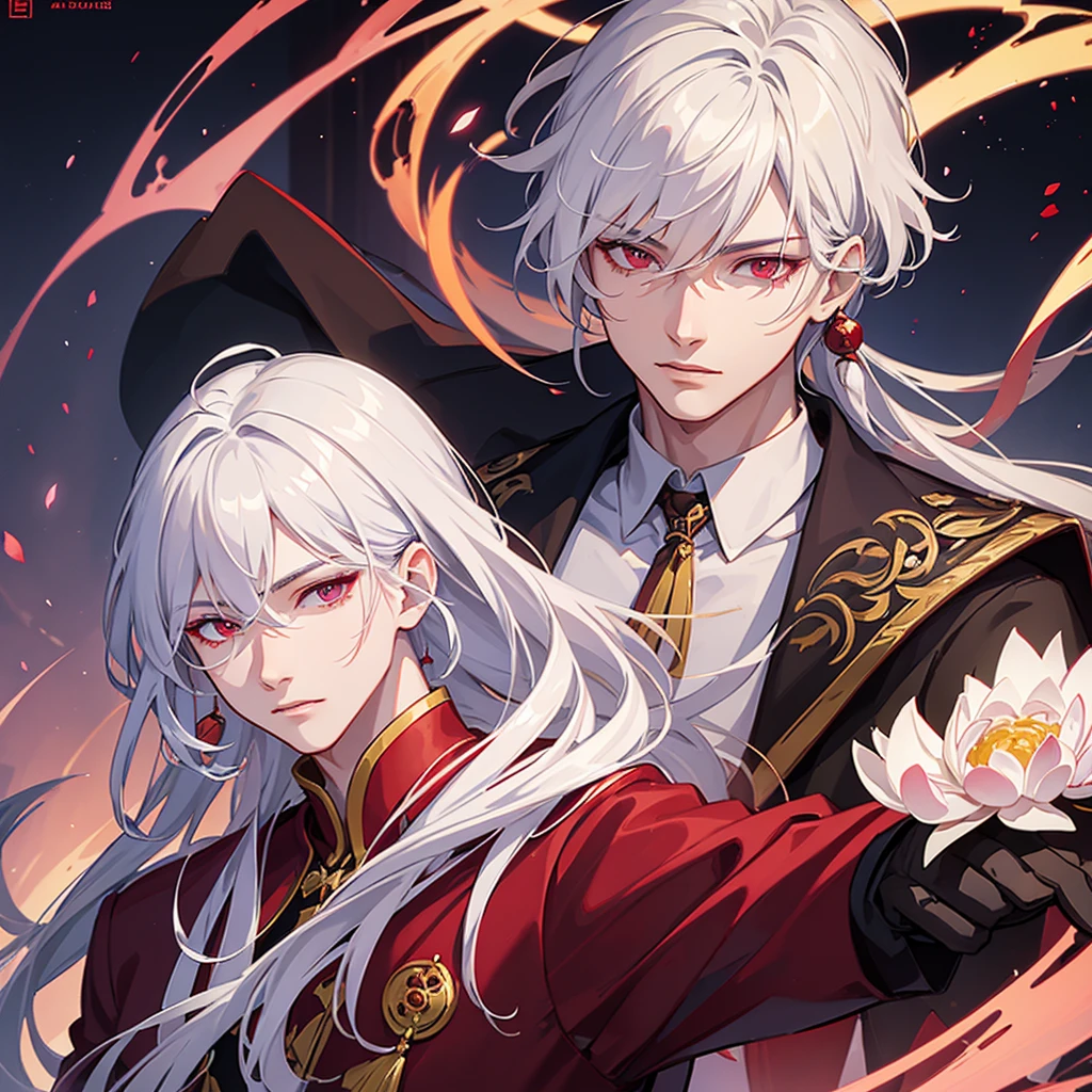 a young man with white hair and red eyes, chinese style outfit, purple Lotus aura, detailed facial features, detailed clothing, highly detailed, 8k, photorealistic, anime art, cinematic lighting, dramatic lighting, fantasy,