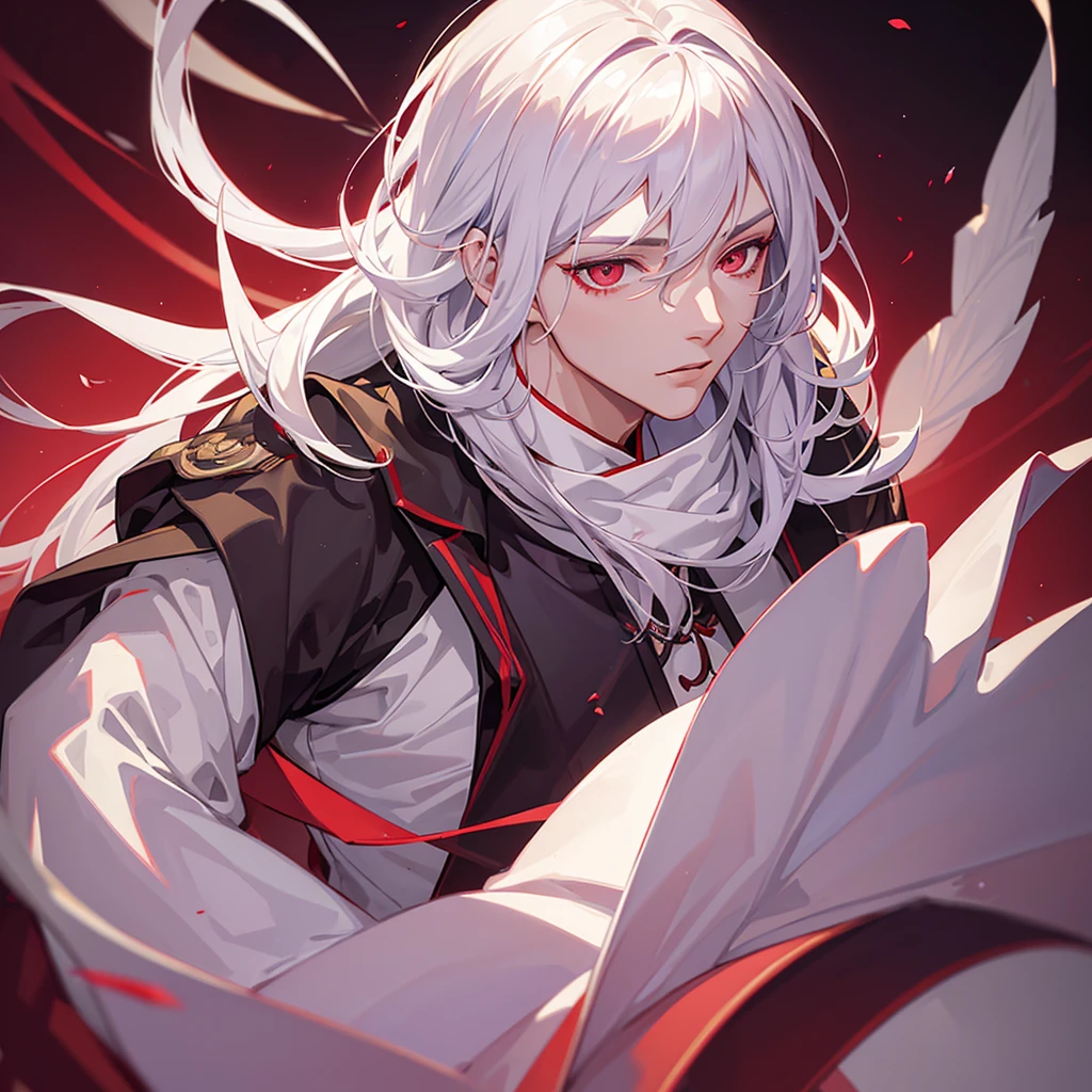 a young man with white hair and red eyes, chinese style outfit, purple Lotus aura, detailed facial features, detailed clothing, highly detailed, 8k, photorealistic, anime art, cinematic lighting, dramatic lighting, fantasy, 