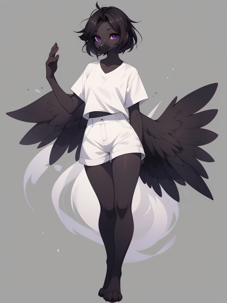 By fumiko, by hyattlen, by hioshiru, flat colors,  an Anthropomorphic avian crow girl, female, small grey beak, tall and slender, small crow tail, black body, standing, white background, purple eyes, hands with five fingers, wearing white shirt, white short shorts, full body shot, 4 toes