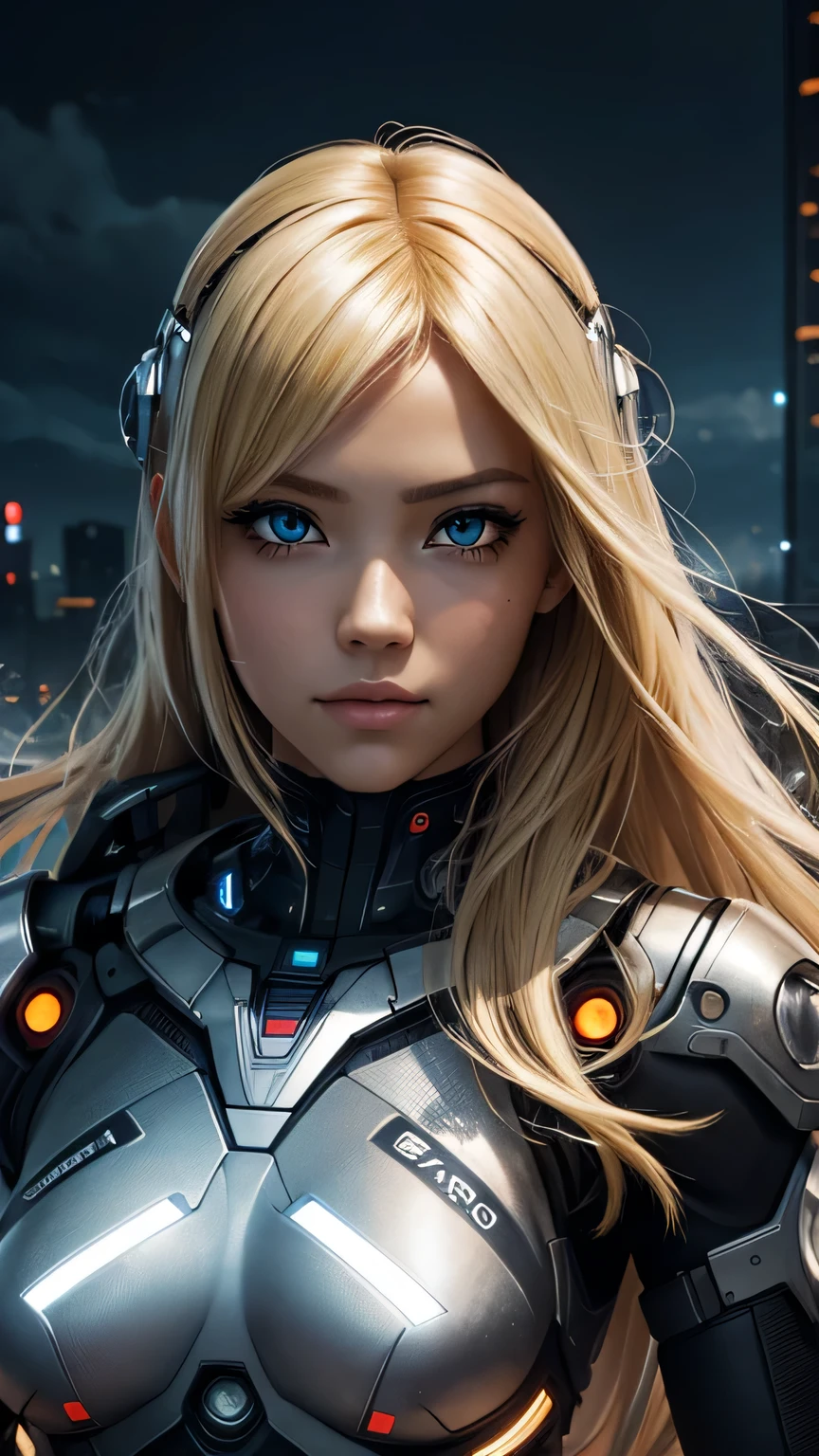 cyborg girl, beautiful eyes, battle field background, blonde hair, masterpiece, ultra high details