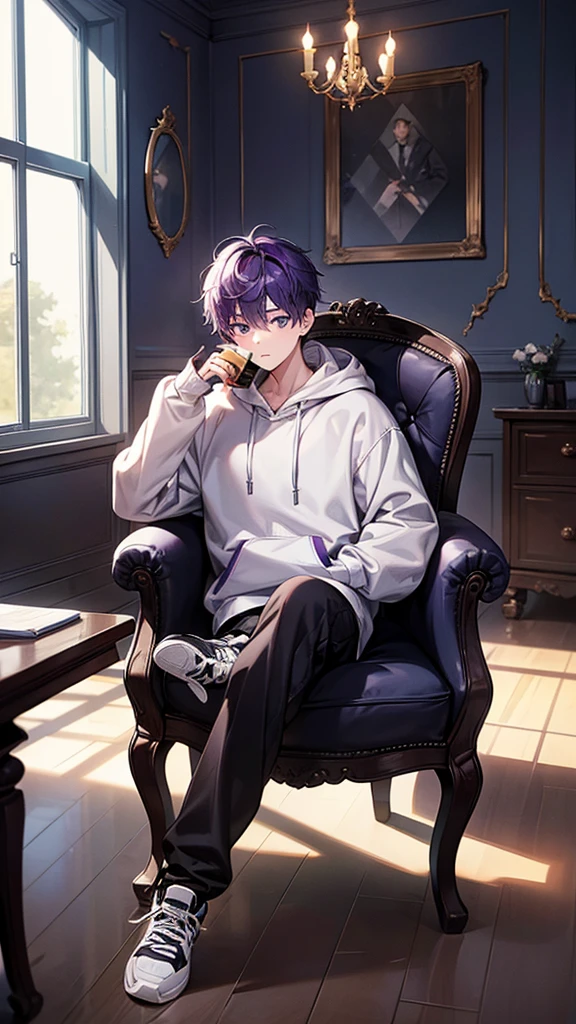 1boy, reading a book, holding a a cup of tea, wearing hoodie, sitting cross your leg, behind you there is a window, wear black sport shoes, purple hair, fullbody, look at you, body facing forward, single chair, the window will have a crack as well to fit the damaged wall of the house,