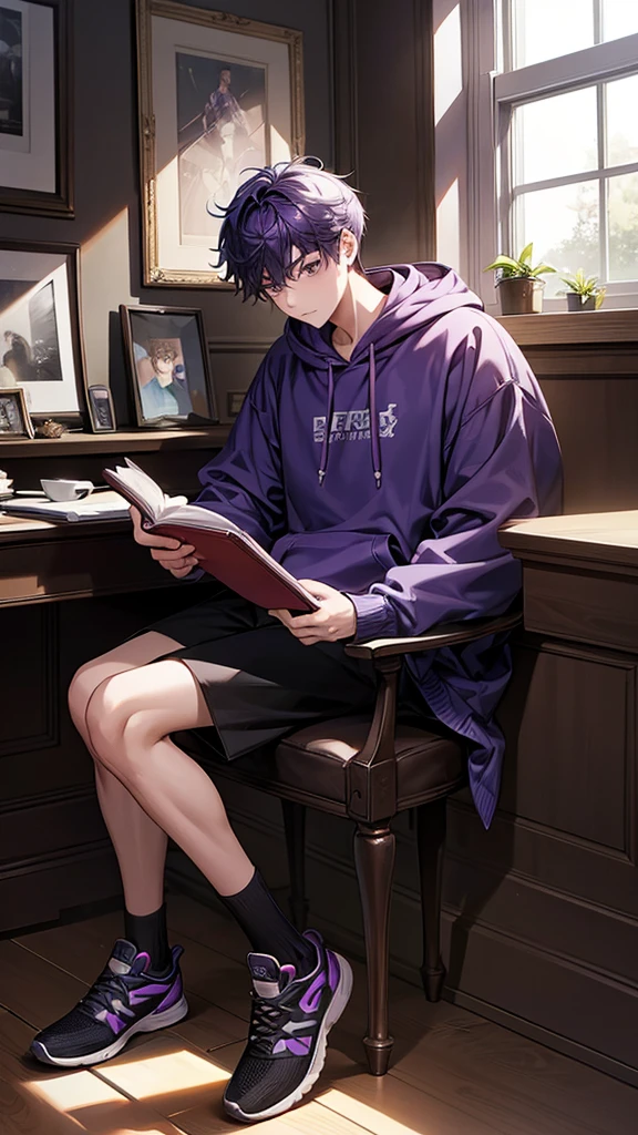 1boy, reading a book, holding a a cup of tea, wearing hoodie, sitting cross your leg, behind you there is a window, wear black sport shoes, purple hair, fullbody, look at you, body facing forward, single chair, the window will have a crack as well to fit the damaged wall of the house,