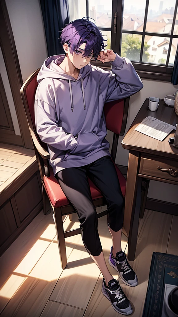 1boy, reading a book, holding a a cup of tea, wearing hoodie, sitting cross your leg, behind you there is a window, wear black sport shoes, purple hair, fullbody, look at you, body facing forward, single chair, the window will have a crack as well to fit the damaged wall of the house,