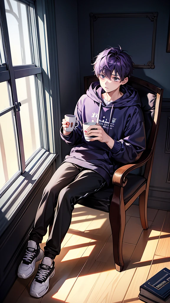 1boy, reading a book, holding a a cup of tea, wearing hoodie, sitting cross your leg, behind you there is a window, wear black sport shoes, purple hair, fullbody, look at you, body facing forward, single chair, the window will have a crack as well to fit the damaged wall of the house,