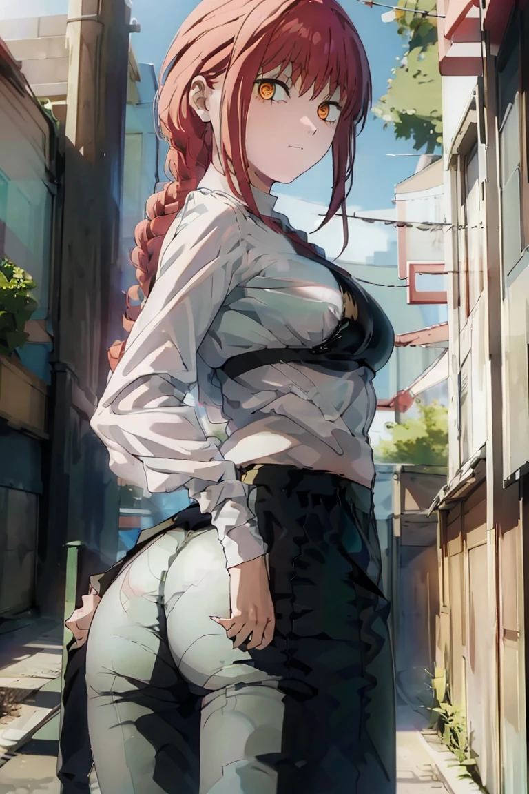 BREAK looking at viewer, BREAK outdoors, BREAK (masterpiece:1.2), best quality, high resolution, unity 8k wallpaper, (illustration:0.8), (beautiful detailed eyes:1.6), extremely detailed face, perfect lighting, extremely detailed CG, (perfect hands, perfect anatomy),makima, long hair, smile, bangs, (medium breasts:1.2), (yellow eyes:1.2),city,street,wet road,night, braid, red hair, braided ponytail, ringed eyes,japanese dress,red dress,neckline,cleavege,skinny fit,medium breasts,, necklace,showing panties,panties, upskirt,stockings,showing ass,from behind,bend down.