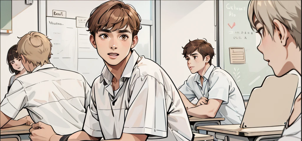 a group of students in the classroom all have brown hair. and brown eyes, his shirt is half brown and half white.