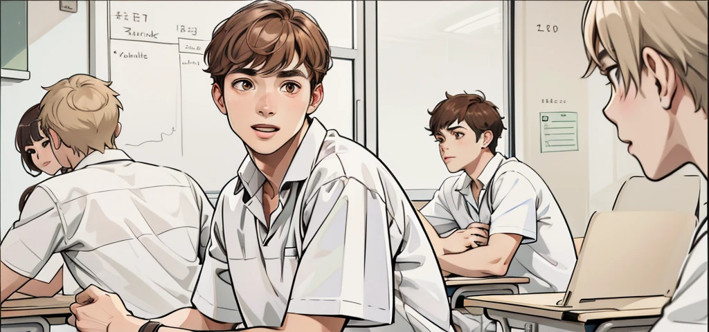 a group of students in the classroom all have brown hair. and brown eyes, his shirt is half brown and half white.