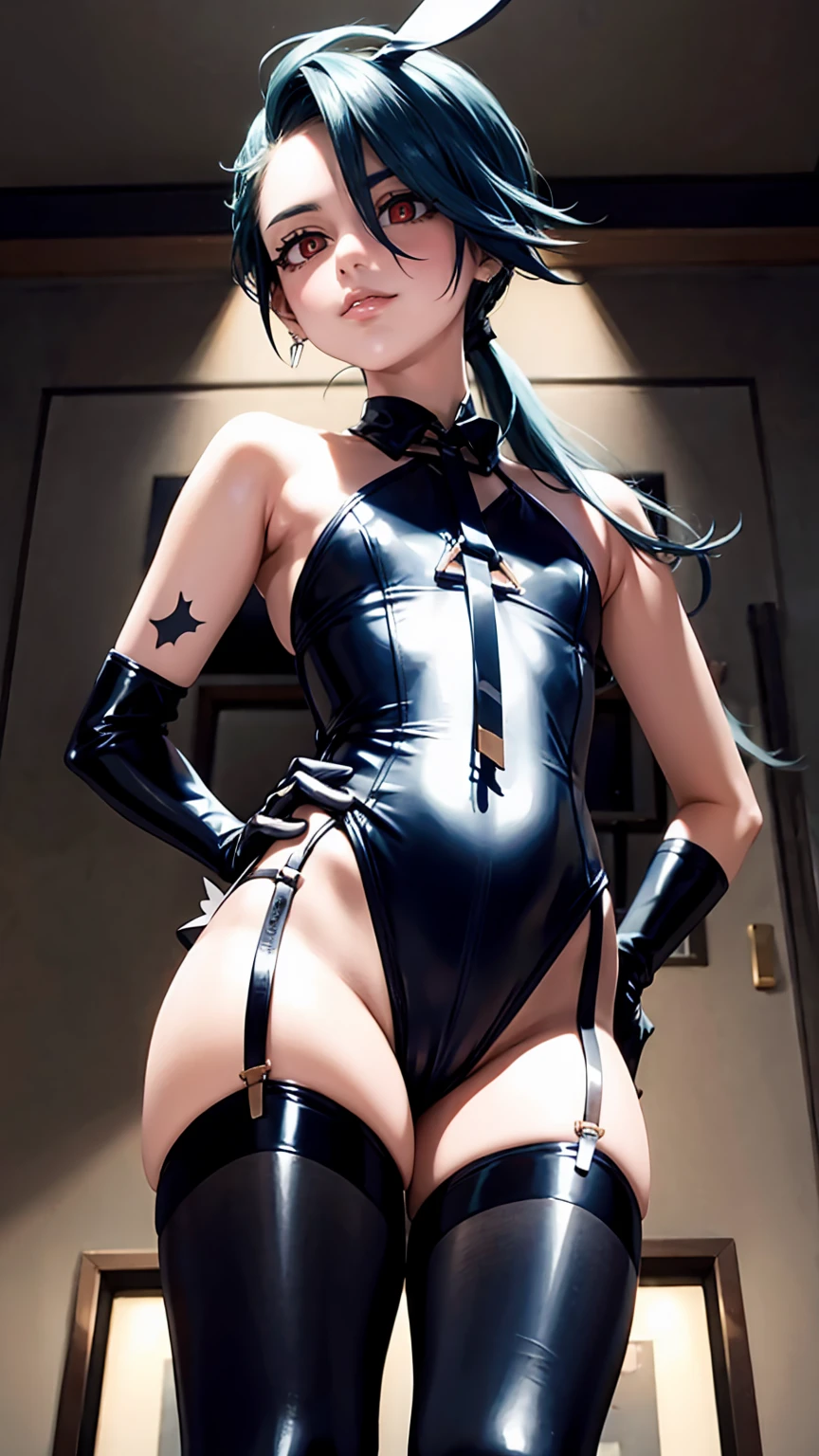 like,ahoge,ponytail,bright pupils,stockings,latex,tie,garter belt,Reverse Bunny Suit,,shame,