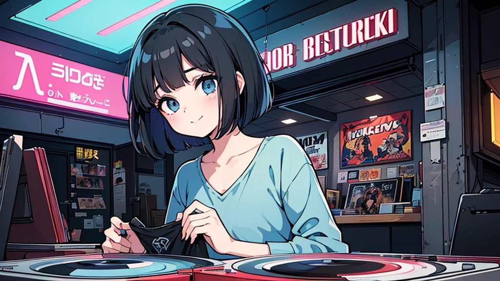 1 girl, solo, blue eyes, (detailed eyes), flat chest, short hair, black hair, upper body, gentle smile on her face, sitting up straight((masterpiece, illustration, best quality) A very detailed beautiful woman, Perfect face,Black Hair, bob cut,Bangs, Gray eyes, T Super detailed, Retro Wave, Cyberpunk, Sad atmosphere, night light through the window, night vibes, Room, 2d, (long shot), Old comics, (A lot of records:1.3), vinyl plastic record shop, (masterpiece, best quality, best quality, Official Art, beautiful and aesthetic: 1.2), Old anime texture, Solitary, Cyberpunk, vinyl plastic, night