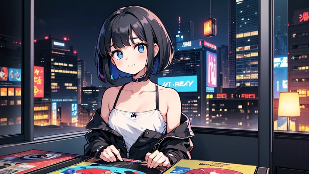1 girl, solo, blue eyes, (detailed eyes), flat chest, short hair, black hair, upper body, gentle smile on her face, sitting up straight((masterpiece, illustration, best quality) A very detailed beautiful woman, Perfect face,Black Hair, bob cut,Bangs, Gray eyes, T Super detailed, Retro Wave, Cyberpunk, Sad atmosphere, night light through the window, night vibes, Room, 2d, (long shot), Old comics, (A lot of records:1.3), vinyl plastic record shop, (masterpiece, best quality, best quality, Official Art, beautiful and aesthetic: 1.2), Old anime texture, Solitary, Cyberpunk, vinyl plastic, night
