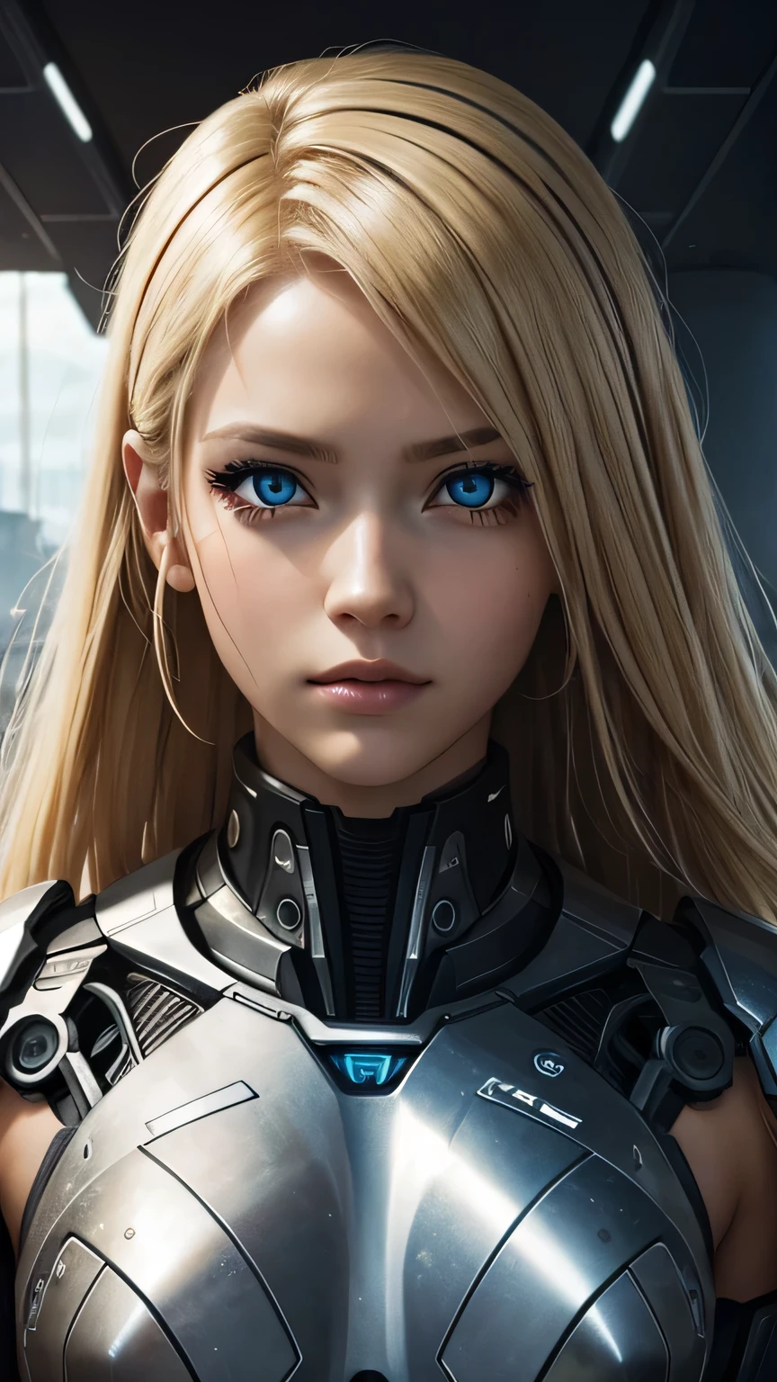 cyborg girl, beautiful eyes, battle field background, blonde hair, masterpiece, ultra high details