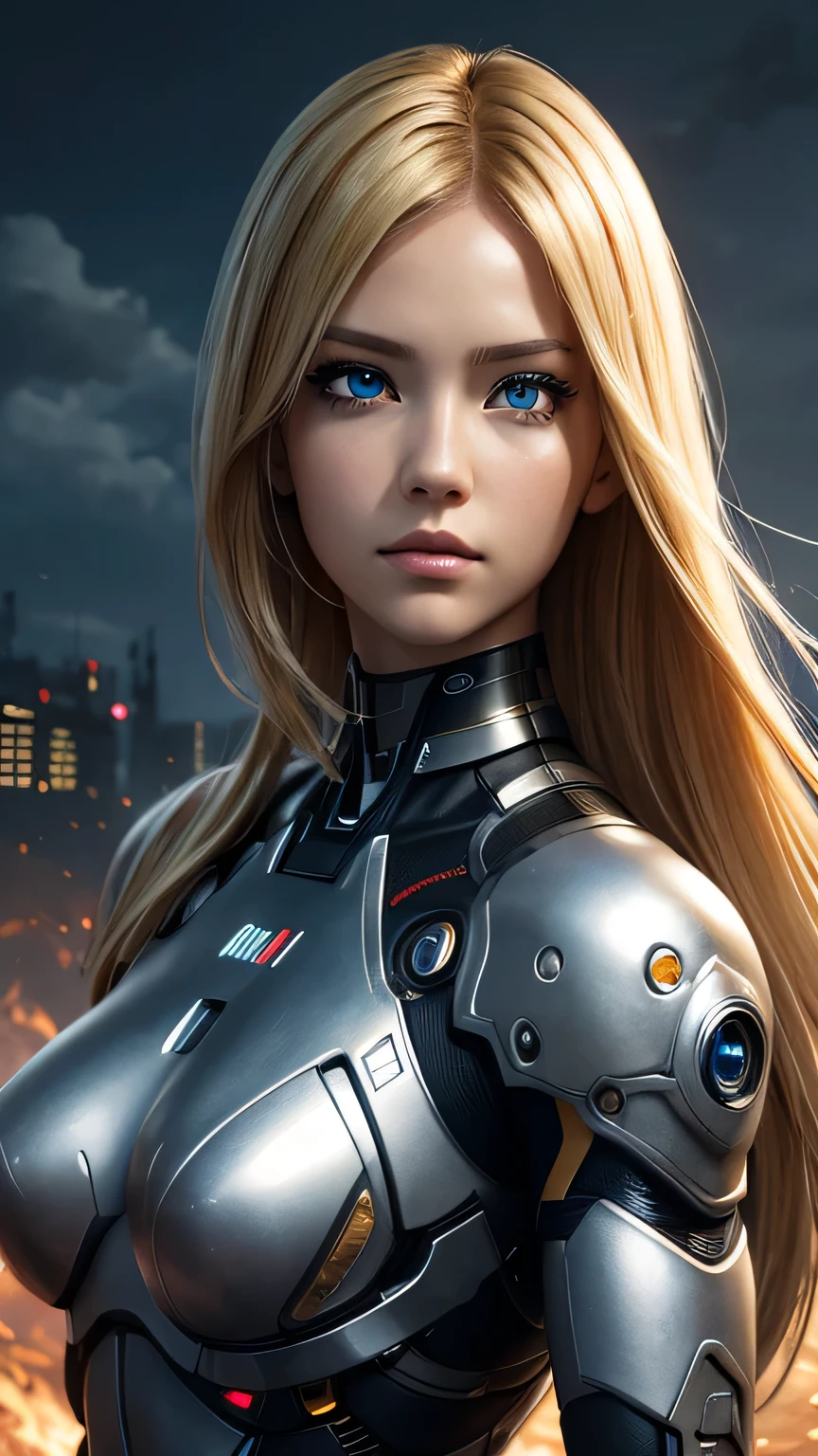 cyborg girl, beautiful eyes, battle field background, blonde hair, masterpiece, ultra high details