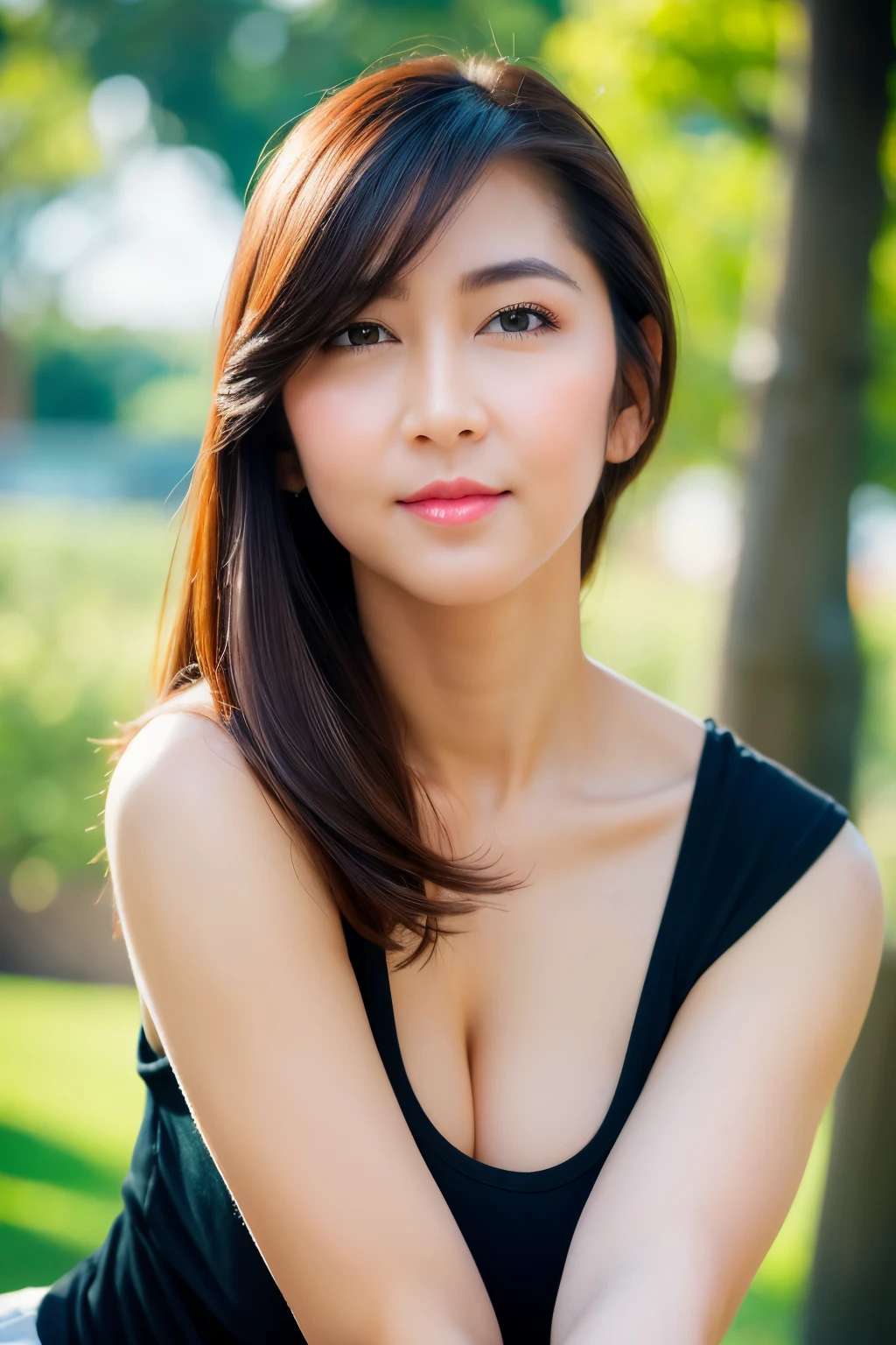 leaning forward, (black t-shirt), sleeveless t-shirt, cleavage, white short skirt, looking at camera, front view, long hair, bangs, (detailed face), at classroom, tempting pose, potrait body, mouth closed, smiling, black eyes, 1 girl, 20yo,Young female,Beautiful Finger,Beautiful long legs,Beautiful body, Beautiful Nose,Beautiful character design, perfect eyes, perfect face,expressive eyes,perfect balance, (looking at viewer), Bright_Front_face_Lighting,White skin, (masterpiece:1.0),(best_quality:1.0), ultra high res,4K,ultra-detailed, photography, 8K, HDR, highres, absurdres:1.2, Kodak portra 400, film grain, (vibrant_color:1.2),professional photograph, (Beautiful,huge_Breasts:1.4), (beautiful_face:1.5),(narrow_waist)