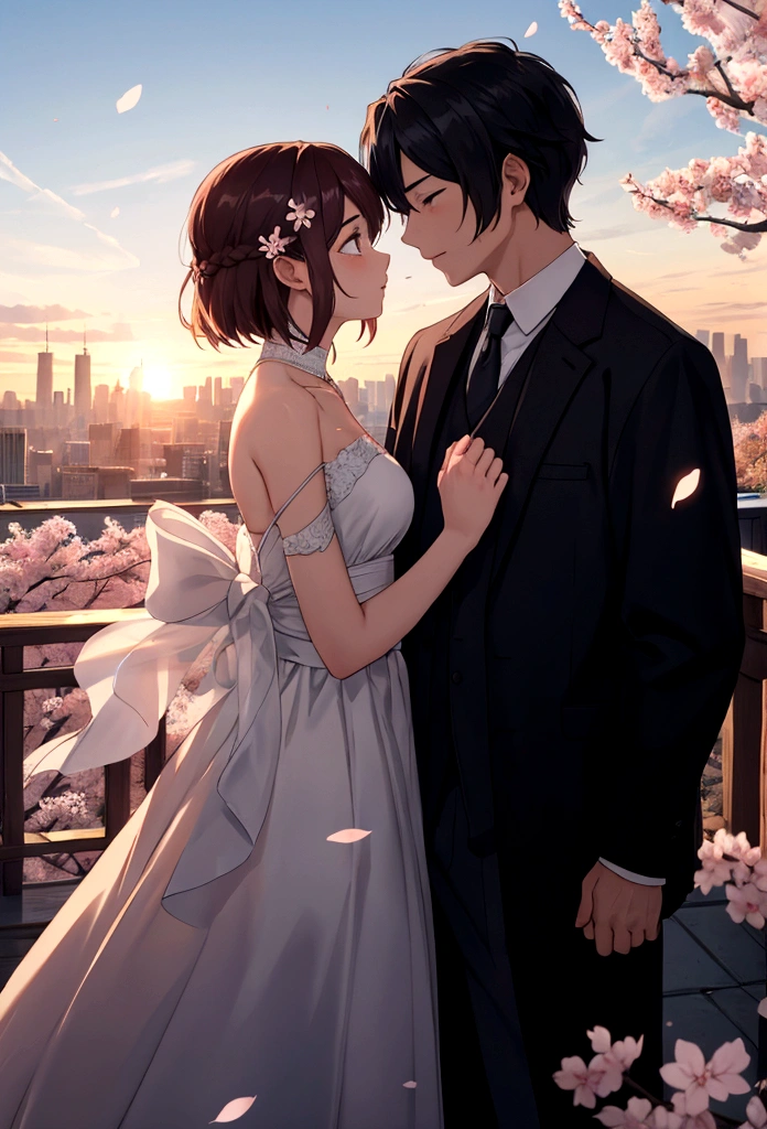 Scene: A couple standing on a hilltop, overlooking a cityscape bathed in the warm hues of a setting sun.
Characters:
* The woman: Long, flowing hair, gentle expression, holding the man's hand tightly.
* The man: Short, cropped hair, determined gaze, looking down at the woman with love.
Details:
* The couple's silhouettes are intertwined, creating a sense of unity and unwavering connection.
* The fading sunlight casts a soft glow on their faces, accentuating their delicate features.
* Cherry blossom petals drift gently around them, symbolizing the ephemeral nature of life and love.
* In the distance, the city skyline blends seamlessly with the vibrant colors of the sunset, representing the vastness of time and the inevitability of change.